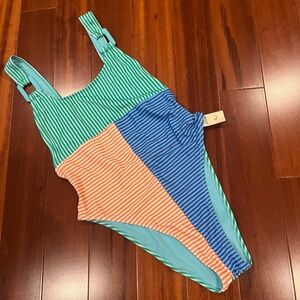 New NWT Aerie Green Multi Swimsuit‎ One-Piece Cheekiest Colorblock Low Back Sz S